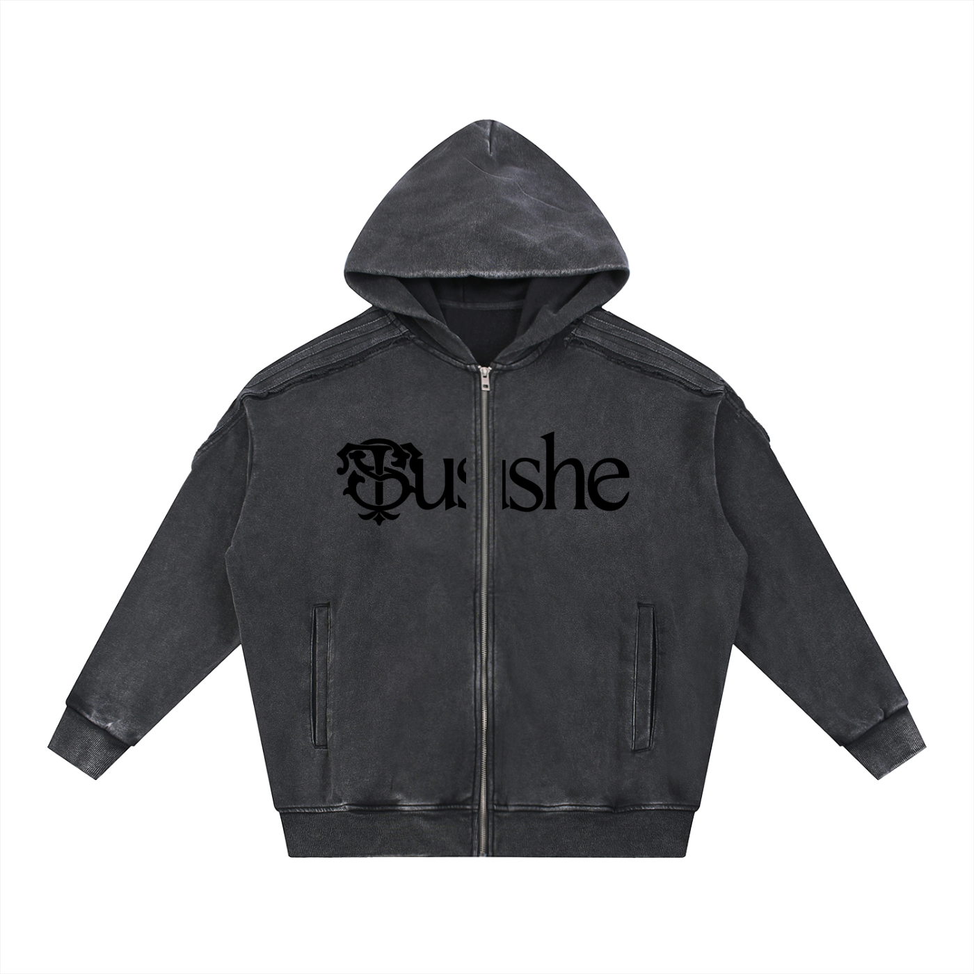Snow Washed Tape Raw Edge Zip Hoodie